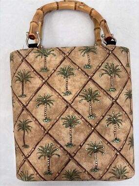 Just Jewels Vintage Palm Tree Bamboo Handle Handbag Tan Green Bling Tote EUC